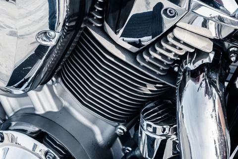 Motorcycle engine with chrome details, close-up Foto stock