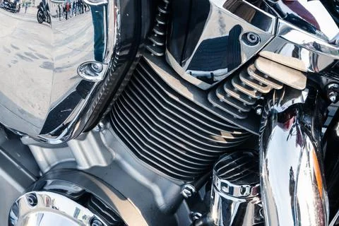 Motorcycle engine with chrome details, close-up Stock Photos