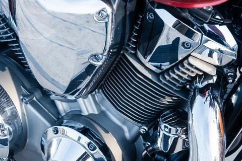 Motorcycle engine with chrome details, close-up Stock Photos
