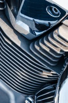 Motorcycle engine with chrome details, close-up Stock Photos
