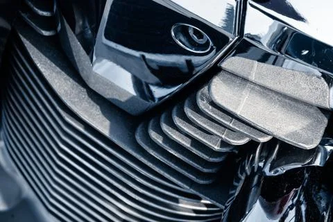 Motorcycle engine with chrome details, close-up Stock Photos