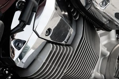 Motorcycle engine with chrome details, close-up Stock Photos