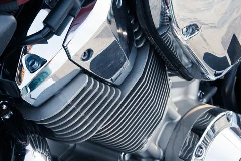 Motorcycle engine with chrome details, close-up Stock Photos