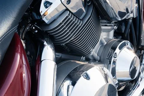 Motorcycle engine with chrome details, close-up Stock Photos