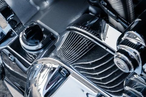 Motorcycle engine with chrome details, close-up Stock Photos