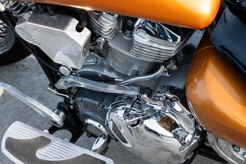 Motorcycle engine with chrome details, close-up Stock Photos