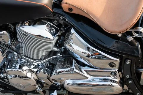 Motorcycle engine with chrome details, close-up Stock Photos