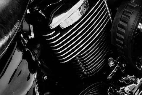 Motorcycle engine with chrome details, close-up Stock Photos
