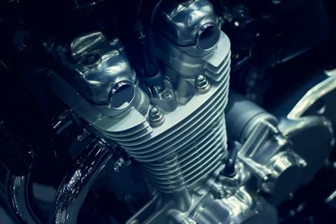 Motorcycle engine closeup on dark background Fotos Stock