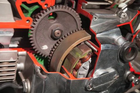 Motorcycle engine model, close-up photo 스톡 사진