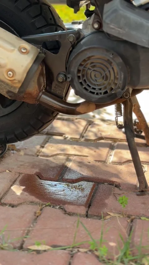 Motorcycle engine with oil leak on brick pavement, reflecting light, close-.. 库存影片 330800624