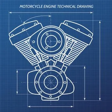 Motorcycle engine technical drawing illustration Stock Illustration