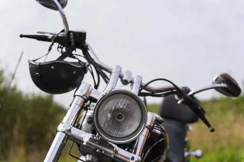 Motorcycle front view, motorcycle headlight, motorcycle front parts, shiny ch Foto stock