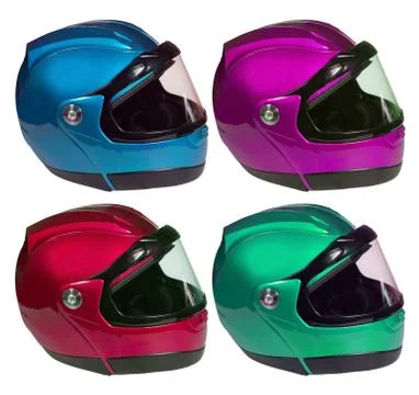 Motorcycle helmets on a white background in different colors. collage Stock Photos