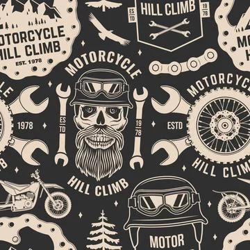Motorcycle hill climb seamless pattern or background. Vector. Fabric, texture Illustrazione stock