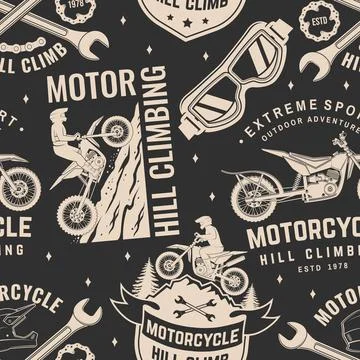 Motorcycle hill climb seamless pattern or background. Vector. Fabric, texture Illustrazione stock