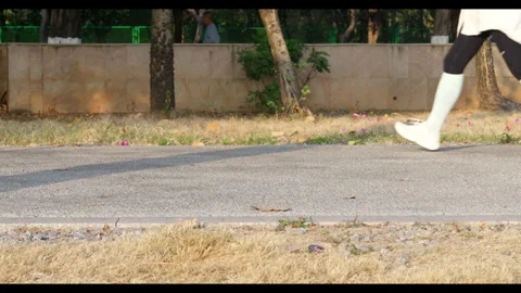 Motorcycle Passing by Park Path with Blurred Motion and Pedestrian Activity Stock Footage 327795787