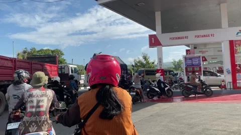 Motorcycle Queue at Gas Station Fueling Area Stock Footage 330675926
