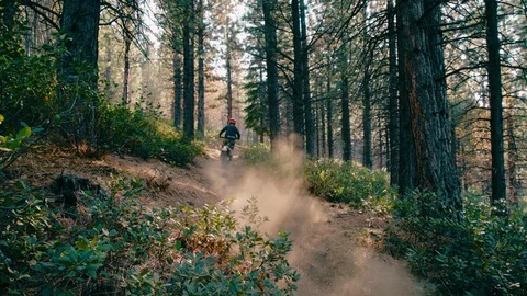 Motorcycle races through forest light rays on mountain dirt trail extreme act Видео 103565550