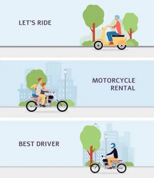 Motorcycle rental application interface designs set flat vector illustration. Illustrazione stock
