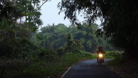 Motorcycle Riding Through Forest Road in Rural Countryside Stock Footage 326754039
