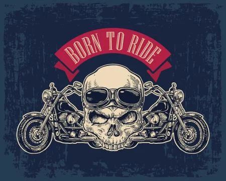 Motorcycle side view and skull with glasses. Stock Illustration