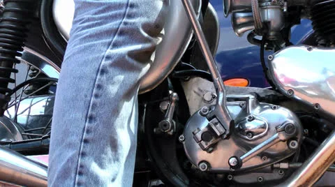 Motorcycle starting with a kickstart Stock Footage 23637621