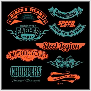 Motorcycle vector set with vintage custom logos, badges, design templates. Stock Illustration