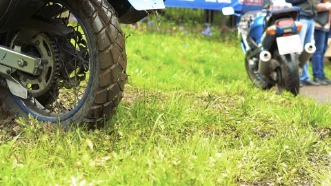 Motorcycle wheel slips Stock Footage 90339531
