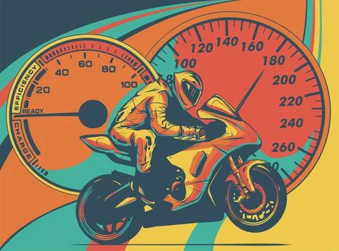 Motorcyclist on a motorcycle in colored background vector illustration. Stock Illustration