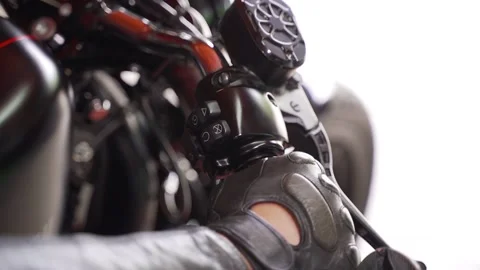 Motorcyclist's hand lay on accelerator handle on steering wheel. Footage. Man Stock Footage 147286320