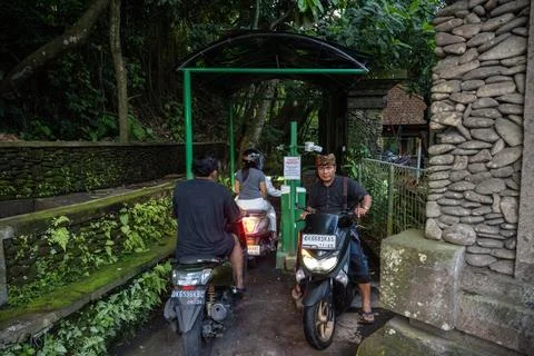 Motorcyclists at Restricted Ubud Monkey Forest Access Fotos de archivo
