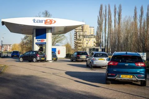 Motorists queue at a gas station in Delft, Netherlands - 03 Mar 2026 Stock Photos