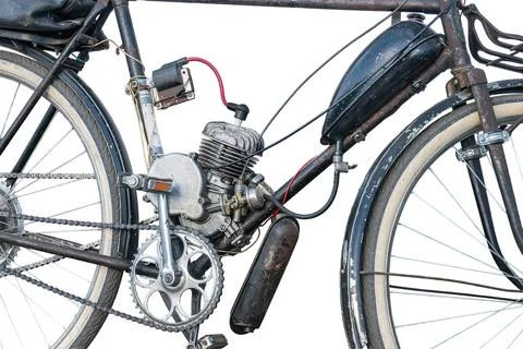 Motorized bicycle engine isolated on white background, showcasing mechanica.. Stock Photos