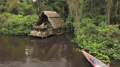 Motorized canoe drives up to straw hut roof dock Stock Footage 232731316