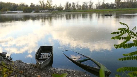 Motorized old boat on the river Stock Footage 71253711