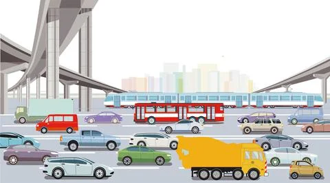 Motorway with express train, bus and passenger car, Illustration Stock Illustration