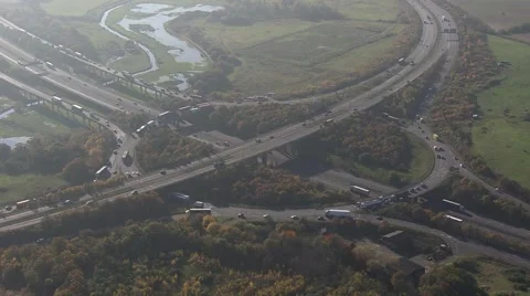 Motorway junction intersection on off ramp: major exit from Helicopter Stock Footage 61911538