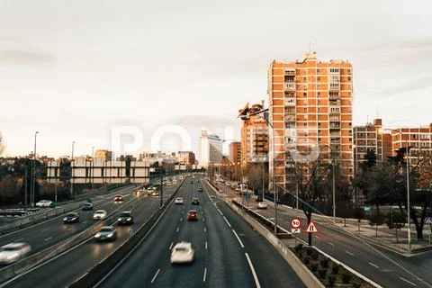 Motorway in Madrid at sunrise Stock Photos