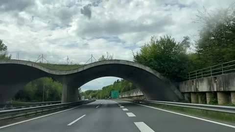 Motorway passing underneath beautiful arc green bridge forming a safe corridor. Stock Footage 314776548