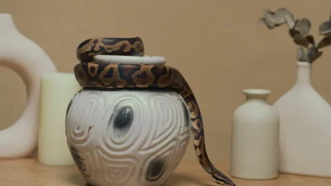 Mottled Python Crawling Off Ceramic Vase Indoors Stock Footage 302412385