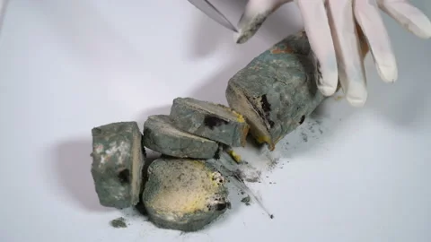 Mouldy bread is cut with a knife 스톡 동영상 119549351