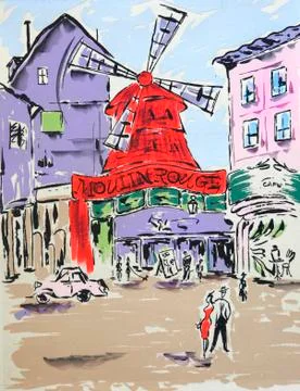 Moulin rouge. Paris, puirple and orange painting. Stock Illustration