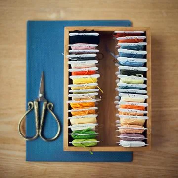 Mouline thread for embroidery, cotton thread of different colors, scissors, l Stock Photos