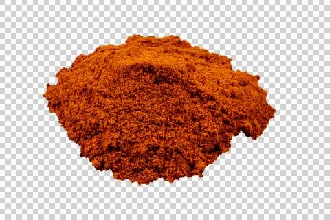 A mound of finely ground, deep orange-red paprika spice powder isolated. Stock Photos