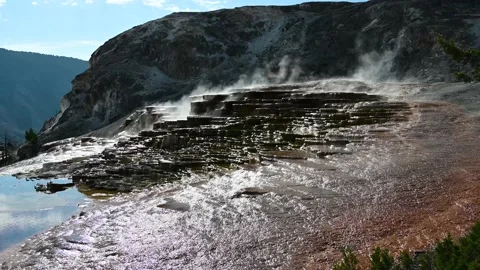 Mound Terrace side view at Mammoth Hot Springs in Yellowstone National Park Stock Footage 147961059