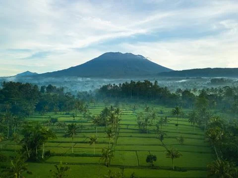Mount Agung Volcano Overlooking Green Rice Terraces in Bali Aerial Stock Photos
