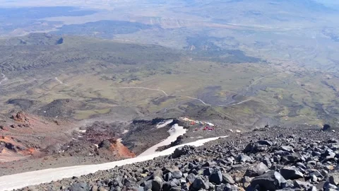 Mount Ararat ascent continues in wide view above the high camp in Turkey Stock Footage 343804911