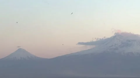 Mount Ararat at sunset with crows flying in the sky at the foot of the snow Video stock 306725936