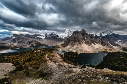 Mount Assiniboine with dramatic sky on Nublet peak in provincial park Stock Photos